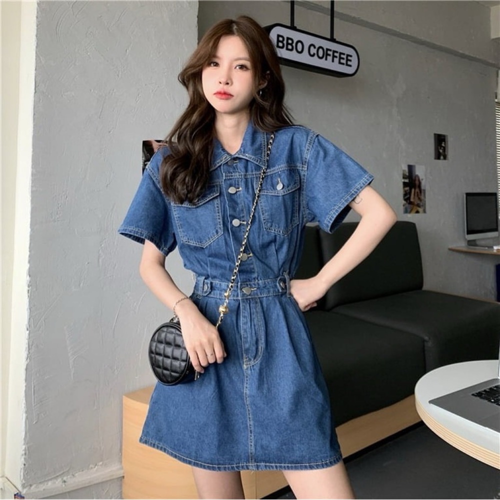 Blue Denim Mini Collared Button-Up Dress - Picture 8 of 11